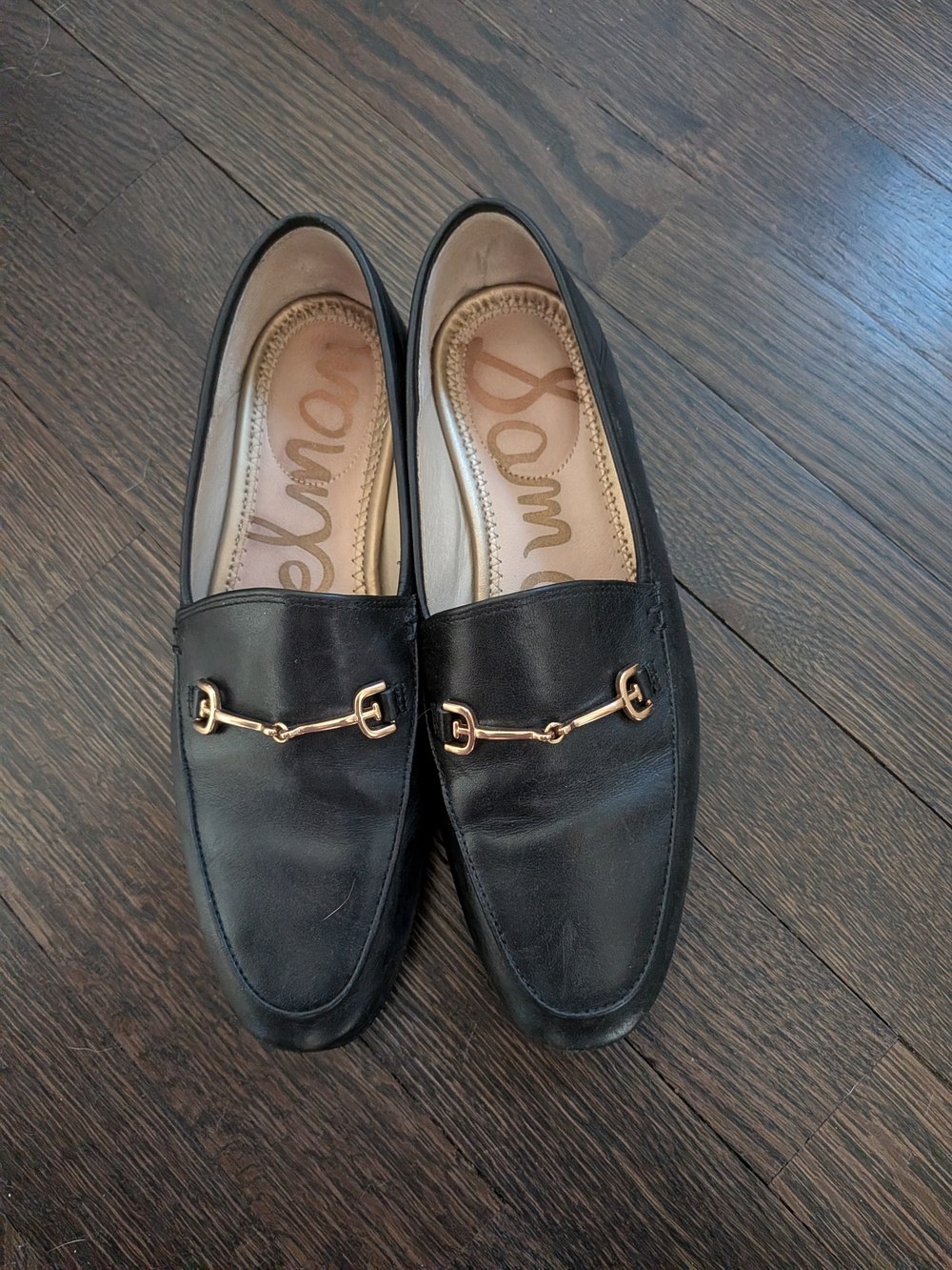 Sam Edelman Black Leather Slip-On Loafers with Gold Horsebit